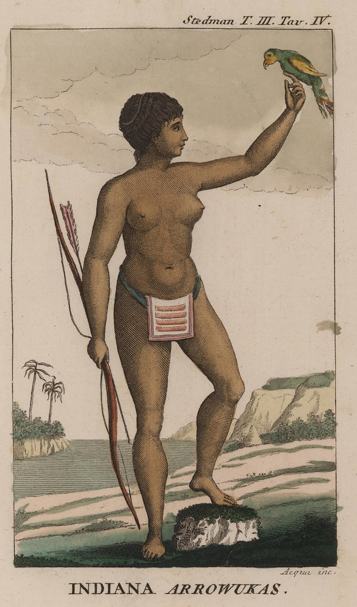 Femme Arawak avec arc à flèches et un perroquet posé sur un doigts