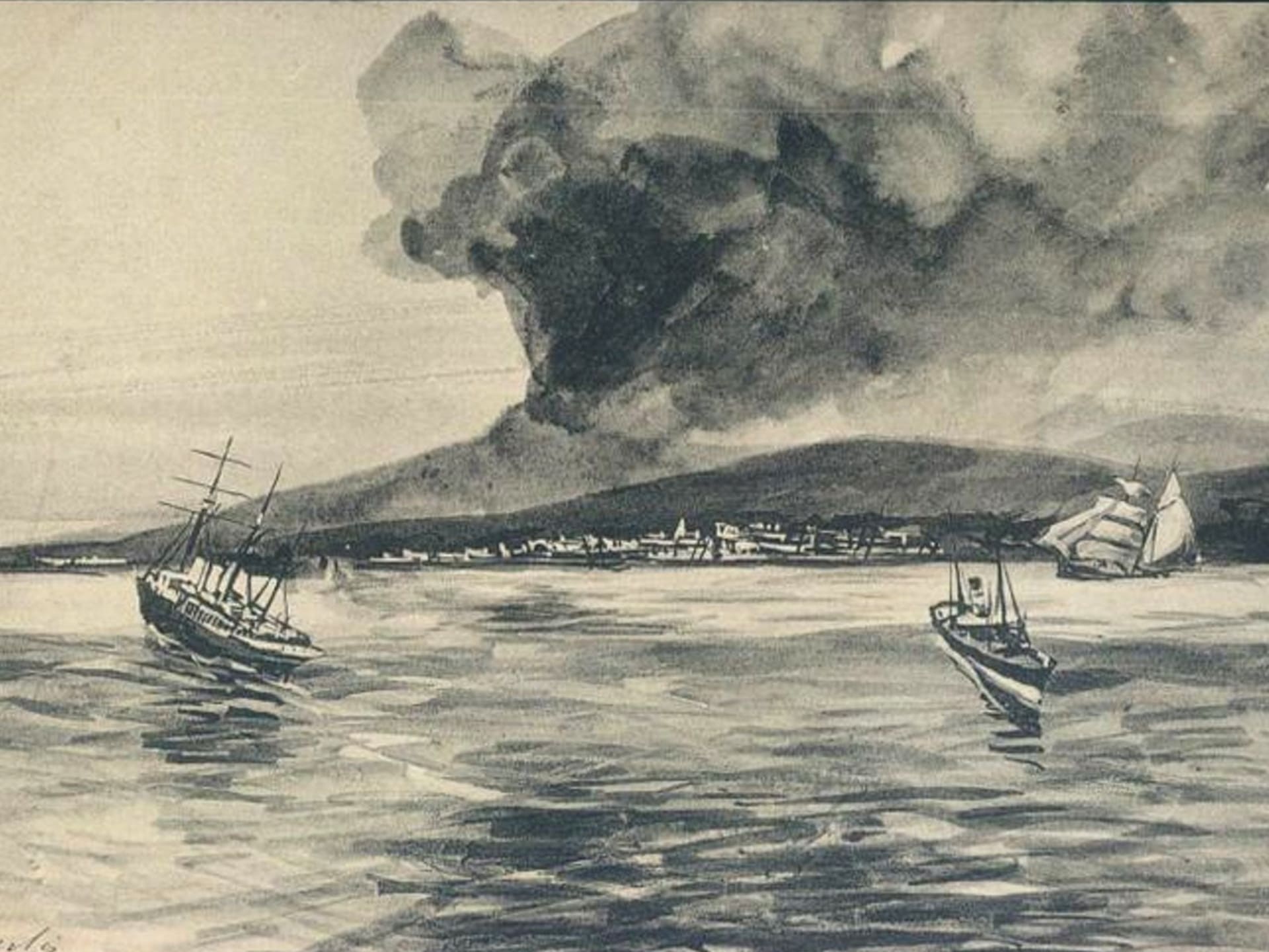 Nuée ardente sortant de la Montagne Pelée lors de l'éruption de 1902