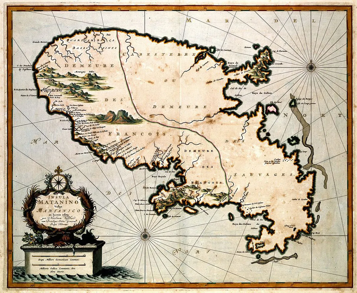 Carte du partage de la Martinique entre les colons et les Caraïbes