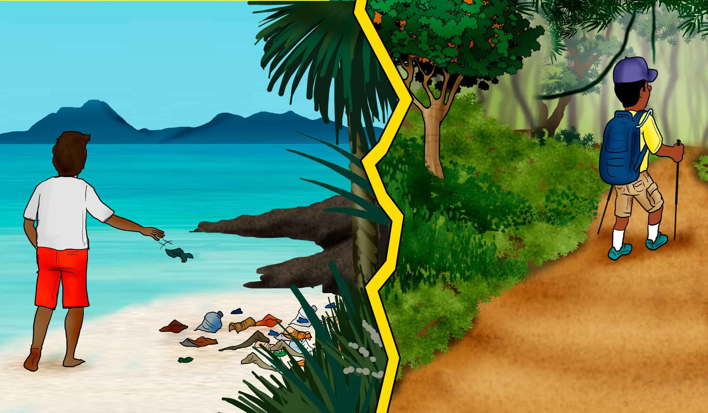 Illustration of a young person littering on a beach and another hiking in the forest
