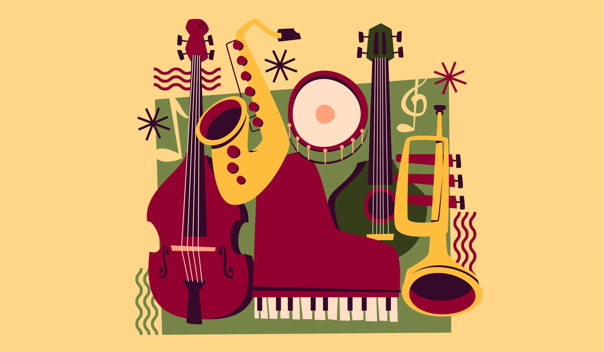 illustration with a piano, saxophon, violon