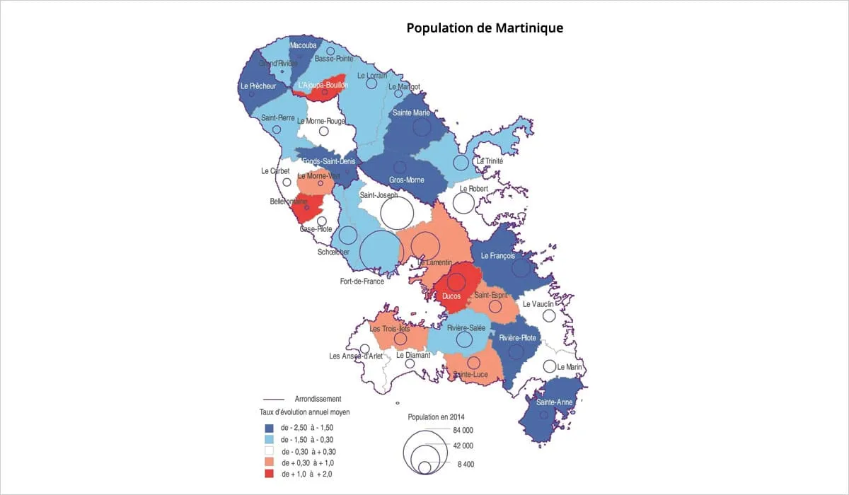 Map of Martinique showing the municipalities and their population growth Map of Martinique showing the municipalities and their population growth