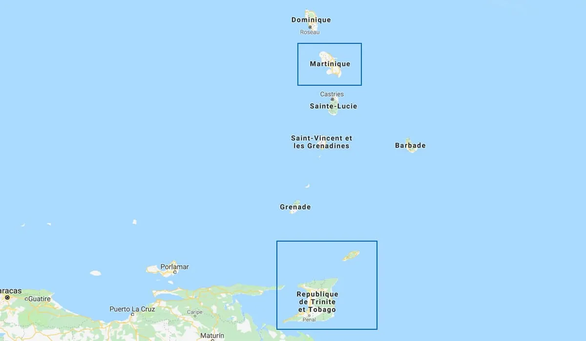 Carte de la Caraïbe avec la Martinique et Trinidad et Tobago encadrées