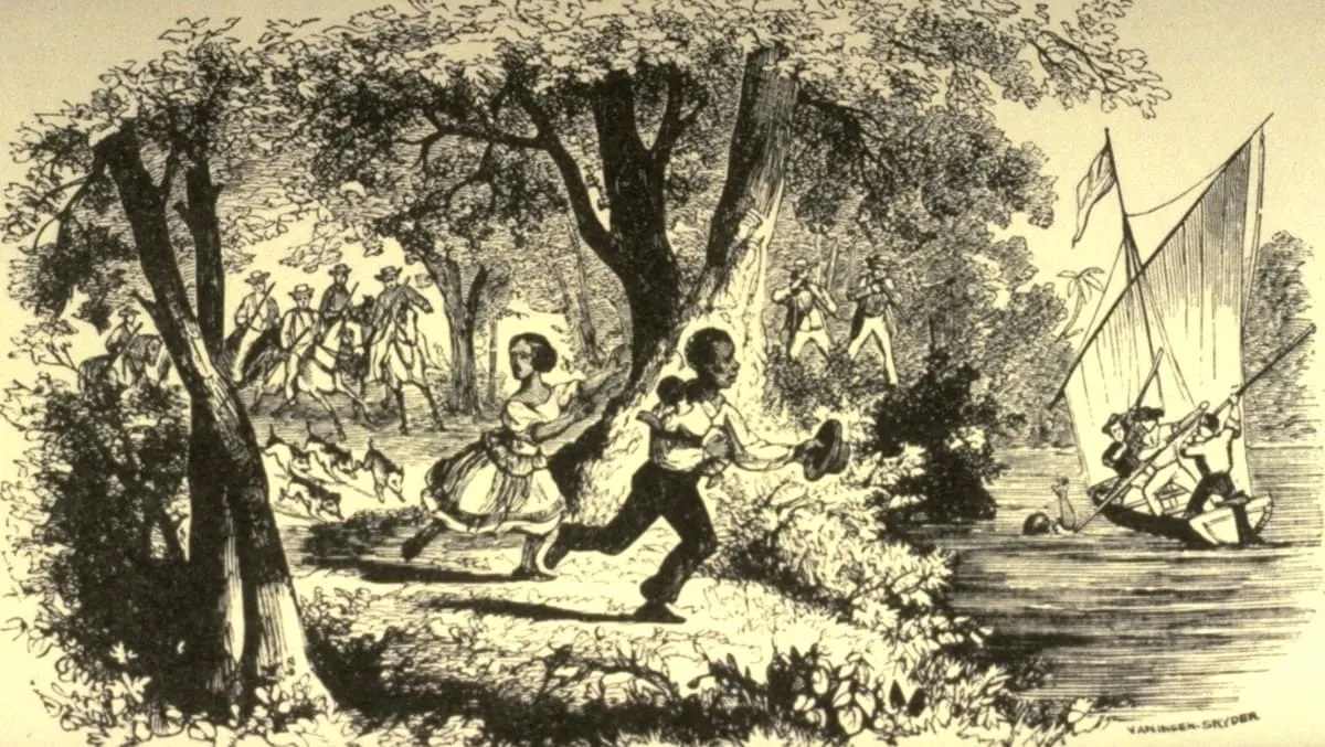 Illustration d'esclaves en train de s'échapper poursuivis par des chiens