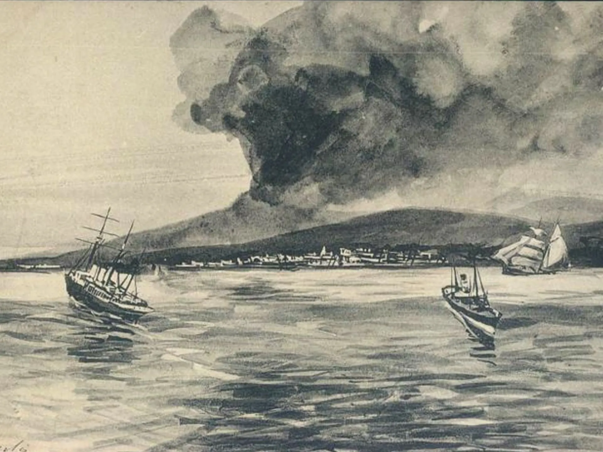 Nuée ardente sortant de la Montagne Pelée lors de l'éruption de 1902