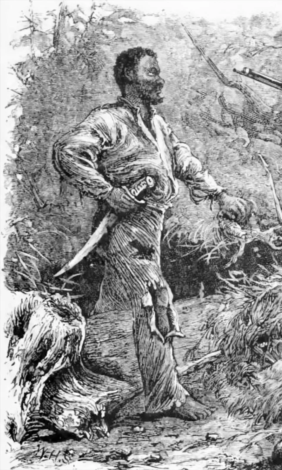 Esclave armé d'une machette en face d'un fusil de son maître